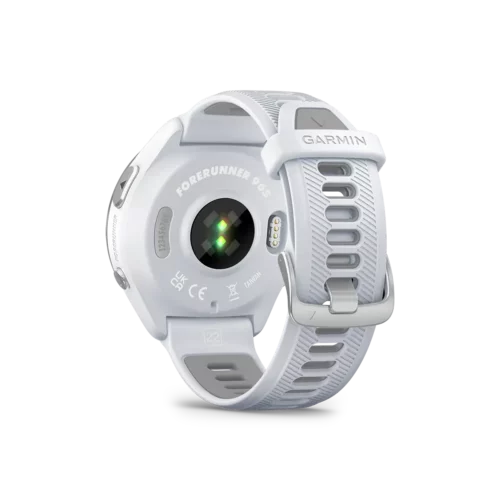 Garmin Forerunner 965 in white back view with heart rate monitor