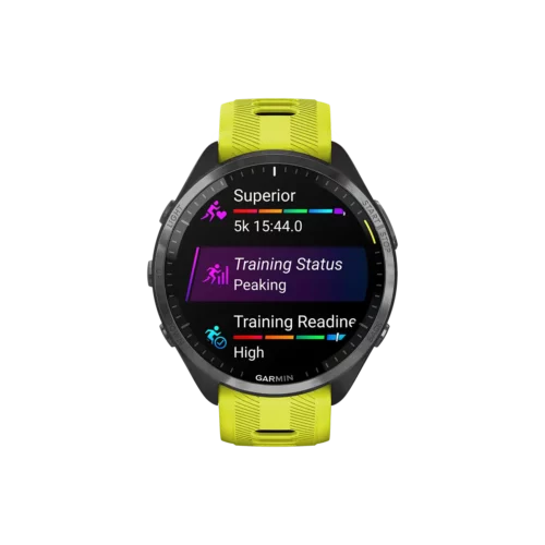 Garmin Forerunner 965 in yellow with training menu options