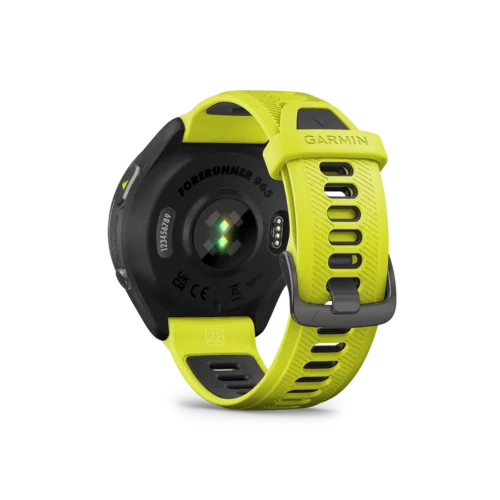Garmin Forerunner 965 in yellow back view with wrist heart rate monitor