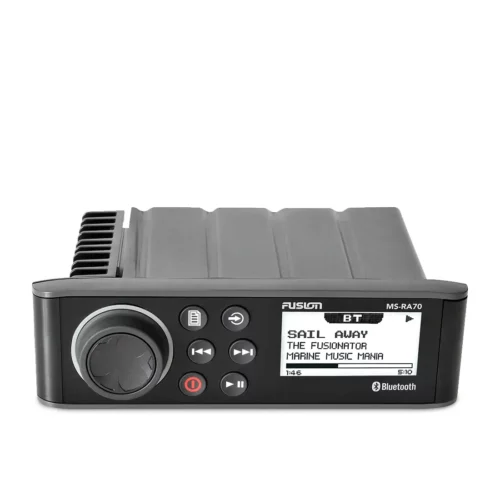 Fusion RA70 marine stereo with top and front view