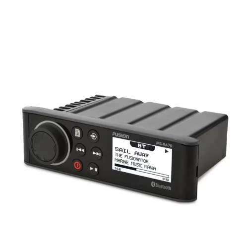 Fusion RA70 marine stereo left view with front and top