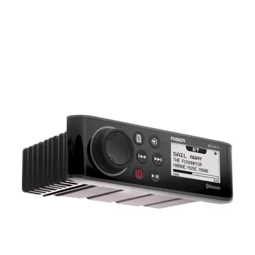 Fusion RA70 marine stereo right angled view with top and bottom