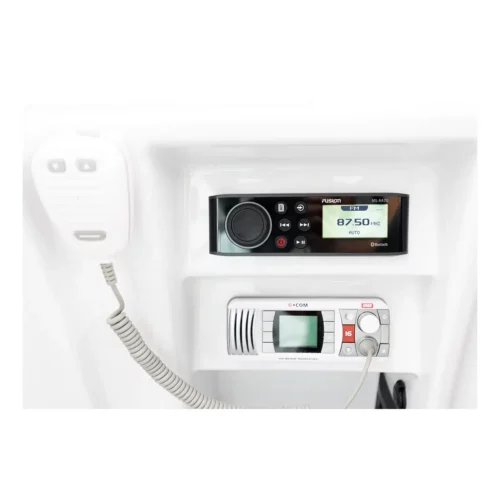 Fusion RA70 marine stereo installed in boat with radio