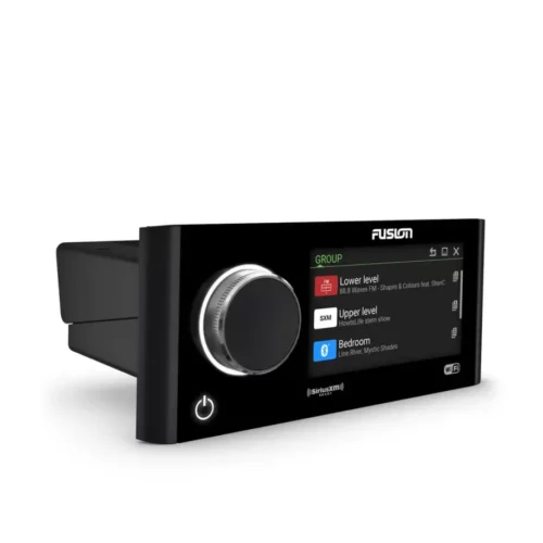 Fusion Apollo MS-RA770 Marine Stereo with Wi-Fi right angled view with group screen