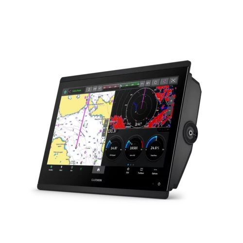 Garmin GPSMAP 16x3 Series split screen with chart, radar and engine