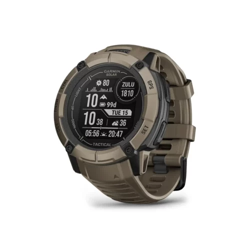 Garmin Instinct 2X Solar - Tactical Edition in coyote tan with homescreen