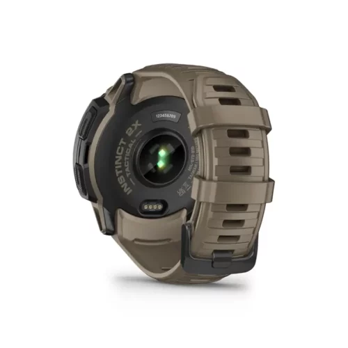 Garmin Instinct 2X Solar - Tactical Edition in coyote tan back view with wrist based heart rate monitor