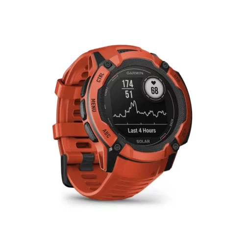 Garmin Instinct 2X Solar in flame red angled right with heart rate page