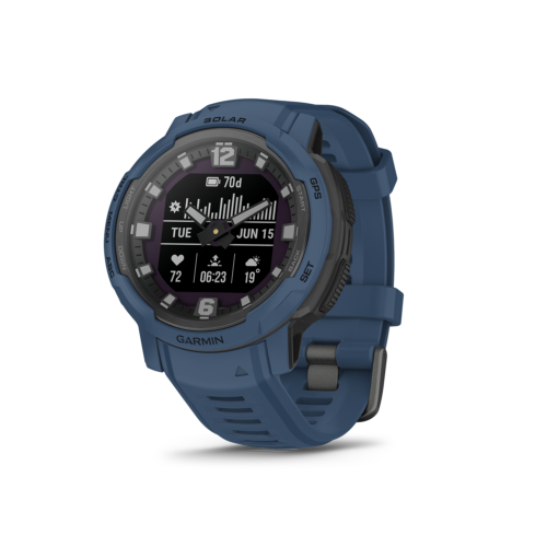 Garmin Instinct Crossover Solar in blue left angled