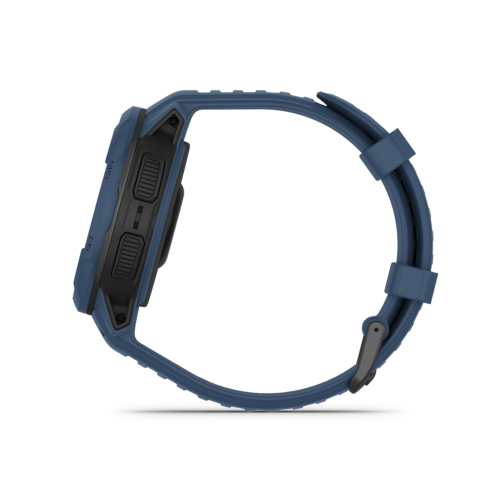 Garmin Instinct Crossover Solar in blue left side with buttons