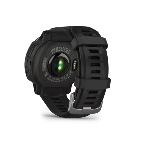 Garmin Instinct Crossover in black back view with heart rate monitor