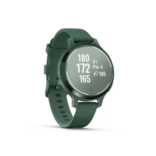 Garmin Lily 2 Active in Lunar Gold with Silver with Jasper Green with Jasper Green Silicone Band golf data screen