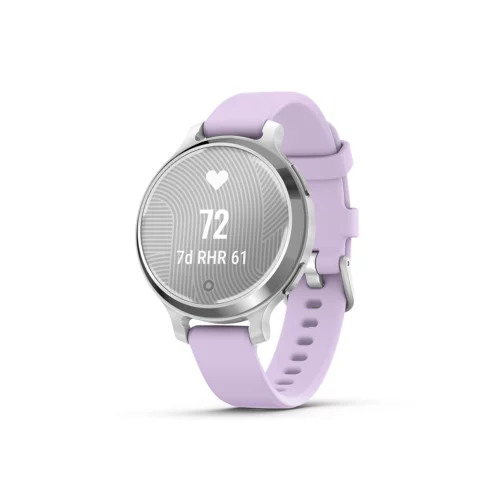 Garmin Lily 2 Active in Lunar Gold with Silver with Purple Jasmine Silicone Band heart rate