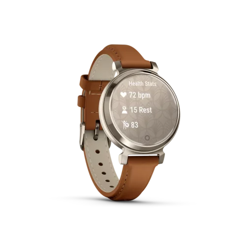 Garmin Lily 2 Classic Cream Gold with Tan Leather Band stats screen