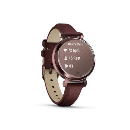 Garmin Lily 2 Classic Dark Bronze with Mulberry Leather Band stats screen