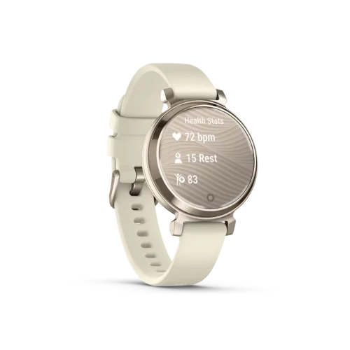 Garmin Lily 2 Cream Gold with Coconut Silicone Band stats screen