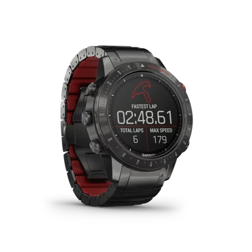 Garmin MARQ Driver angled left with fastest lap screen