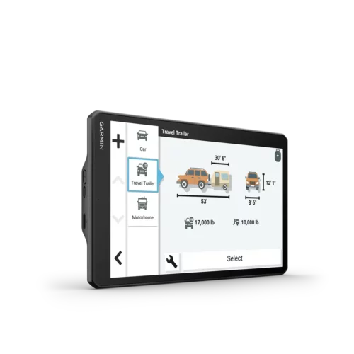 Garmin RV 1095 angled right with truck dimensions screen
