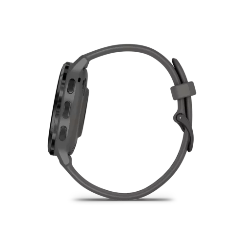 Garmin venu 3s in slate and pebble grey side buttons view