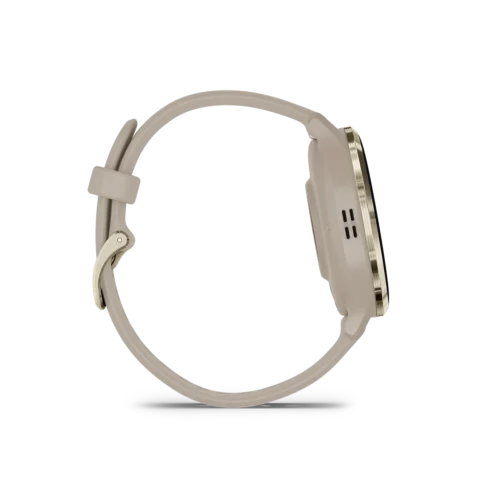 Garmin venu 3s in soft gold and french grey side view