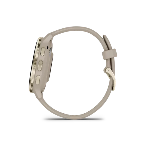 Garmin venu 3s in soft gold and french grey side view with buttons