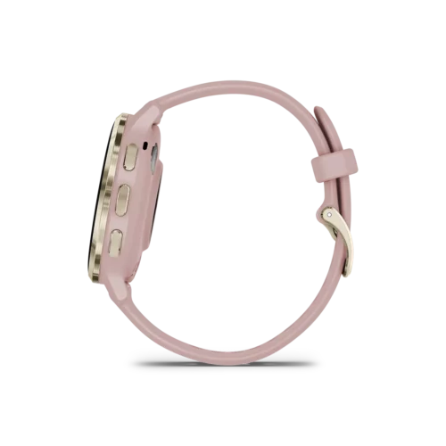 Garmin venu 3s in soft gold and dust rose side view with buttons