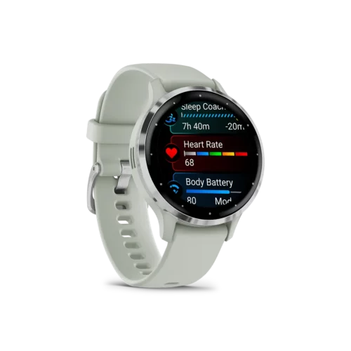 Garmin venu 3s in silver and sage grey right side view