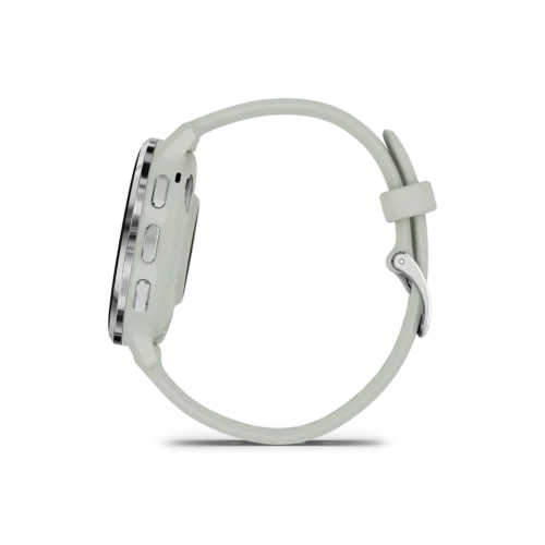 Garmin venu 3s in silver and sage grey side with buttons view