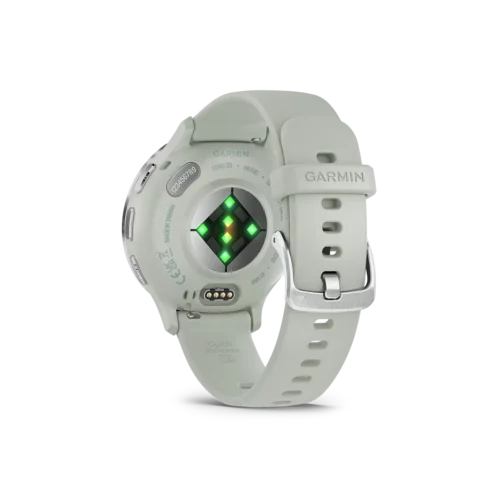 Garmin venu 3s in silver and sage grey back view