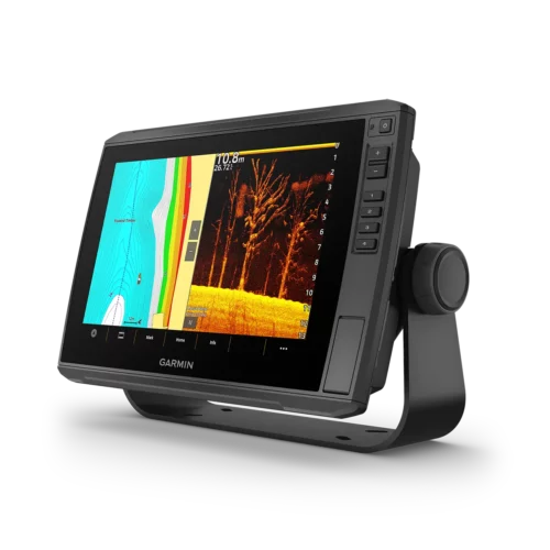 Garmin ECHOMAP Ultra 2 10” marine chartplotter left angled view with 2 split screens showing charts and sonar