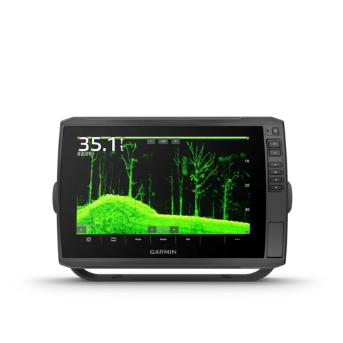 Garmin ECHOMAP Ultra 2 106sv 10” screen showing green trees on the bottom