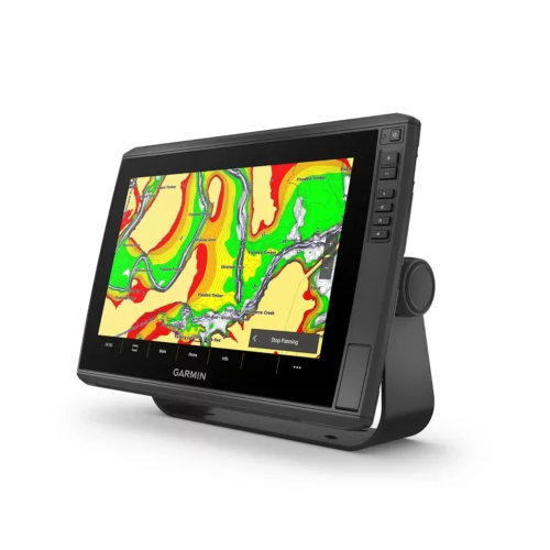 Left angle view of Garmin ECHOMAP Ultra 2 126sv chartplotter with aerial heatmap view on high-contrast vivid 12” screen