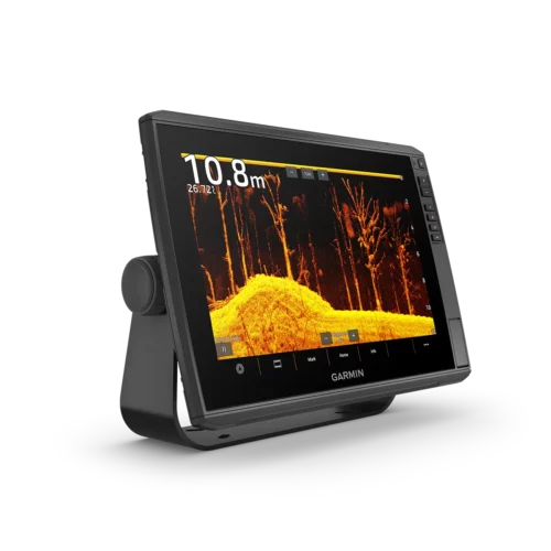 Right angle of Garmin ECHOMAP Ultra 2 126sv with CHIRP sonar of orange trees on 12” screen
