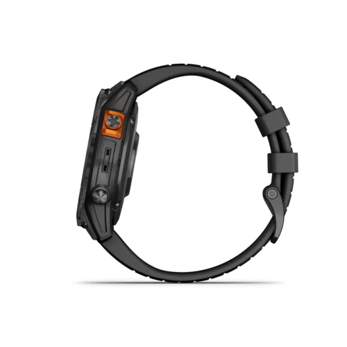 Garmin fenix 7 Pro Solar in Slate Gray with Black Band left side with buttons