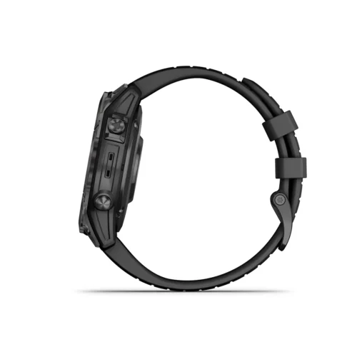 Garmin fenix 7 Pro Sapphire Solar in Carbon Gray DLC Titanium with Black Band left side with buttons
