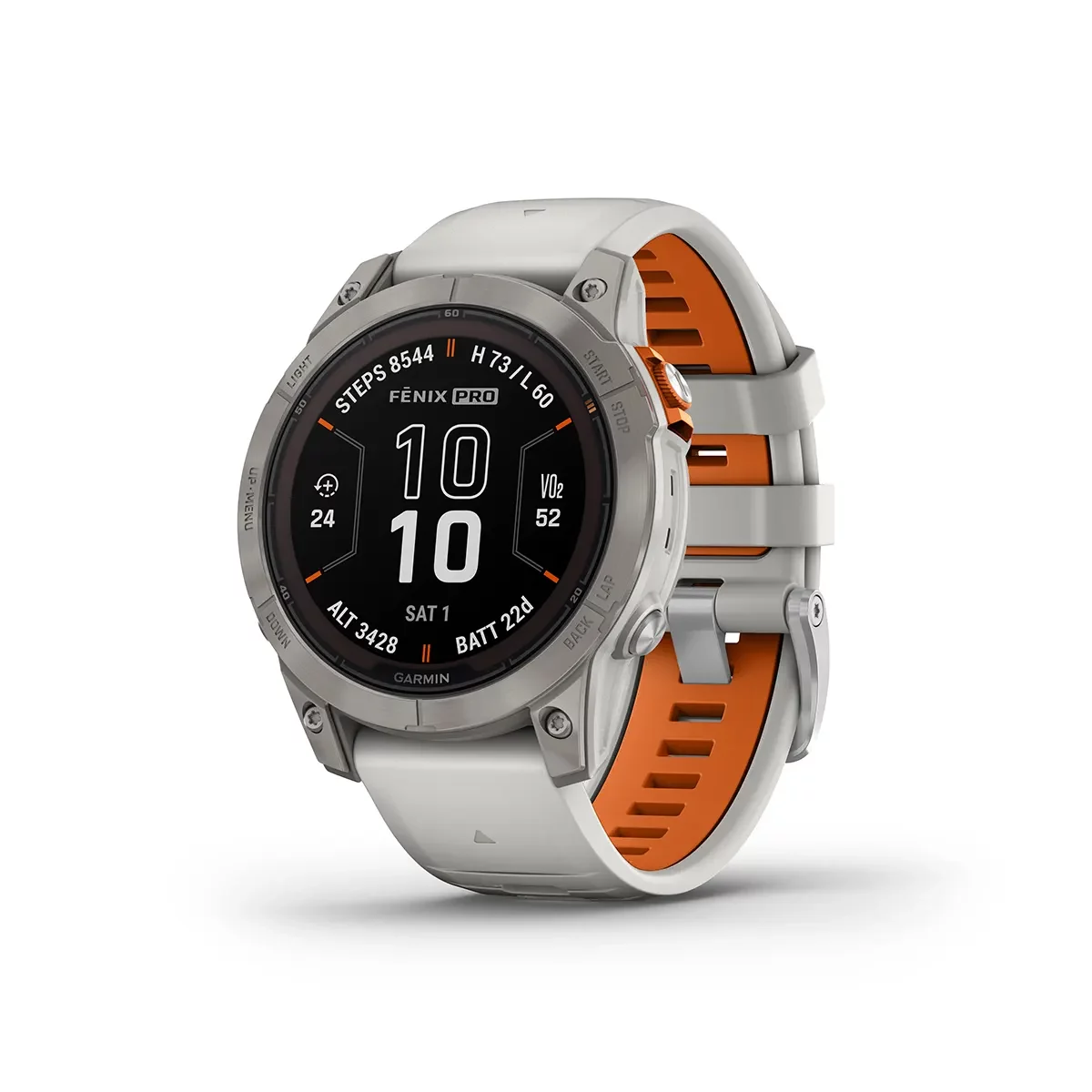 Garmin fenix 7 Pro Sapphire Solar in Titanium with Fog Gray/Ember Orange Band