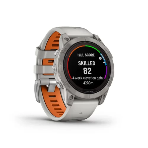 Garmin fenix 7 Pro Sapphire Solar in Titanium with Fog Gray/Ember Orange Band hill score