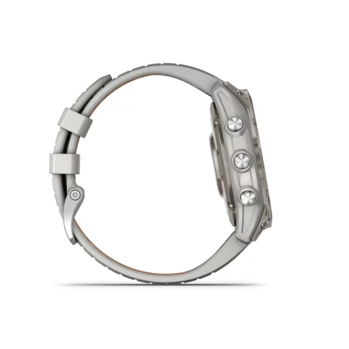 Garmin fenix 7 Pro Sapphire Solar in Titanium with Fog Gray/Ember Orange Band right side with buttons