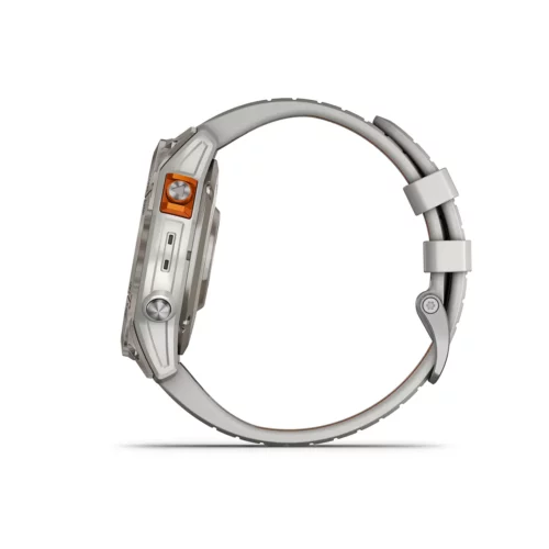 Garmin fenix 7 Pro Sapphire Solar in Titanium with Fog Gray/Ember Orange Band side view with buttons