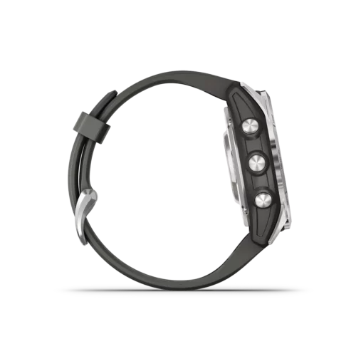 fenix 7S Pro Solar Edition in Silver with Graphite Band right side with buttons