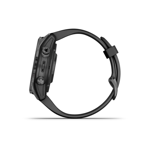fenix 7S Pro Sapphire Solar Edition in Carbon Gray DLC Titanium with Black Band left side buttons