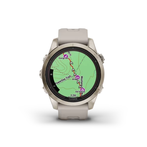 fenix 7S Pro Sapphire Solar Edition in Soft Gold with Light Sand Band topo map