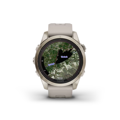 fenix 7S Pro Sapphire Solar Edition in Soft Gold with Light Sand Band satellite imagery map