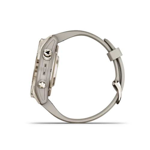 fenix 7S Pro Sapphire Solar Edition in Soft Gold with Light Sand Band right side with buttons