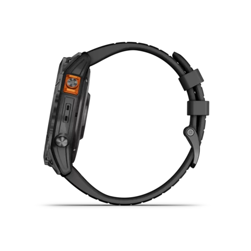 fenix 7X Pro Solar in Titanium with Slate Gray with Black Band left side with buttons