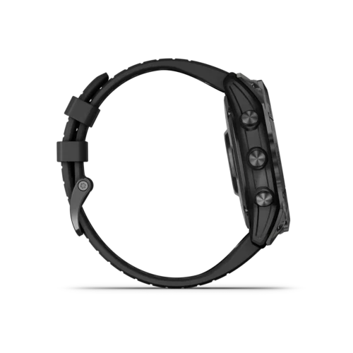 fenix 7X Pro Solar in Titanium with Slate Gray with Black Band right side with buttons