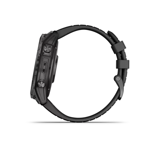 fenix 7X Pro Sapphire Solar in Titanium with Carbon Gray DLC Titanium with Black Band left side with buttons