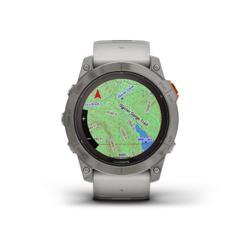 fenix 7X Pro Sapphire Solar in Titanium with Fog Gray/Ember Orange Band map