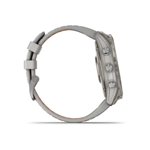 fenix 7X Pro Sapphire Solar in Titanium with Fog Gray/Ember Orange Band right side with buttons