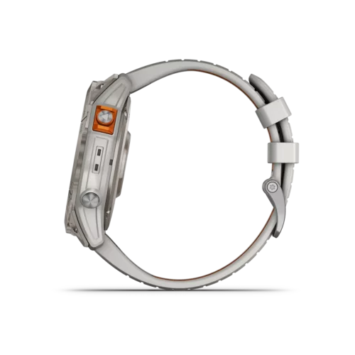 fenix 7X Pro Sapphire Solar in Titanium with Fog Gray/Ember Orange Band left side with buttons